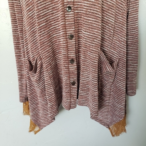 LOGO Lori Goldstein Women's XL Terracotta Striped Cardigan Button Up Lace Trim - Picture 7 of 8